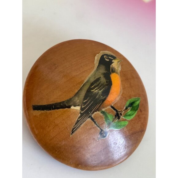 Vintage 1970s Wood Brooch With Decoupage Robin Bird - Picture 5 of 7